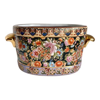 Asian Chinese Floral Hand-Painted Fishbowl Porcelain Foot Bath/Planter For Sale