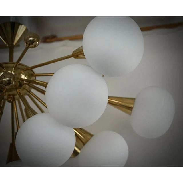 Metal Mid-Century Murano White Art Glass and Brass Chandelier, 2000s For Sale - Image 7 of 10