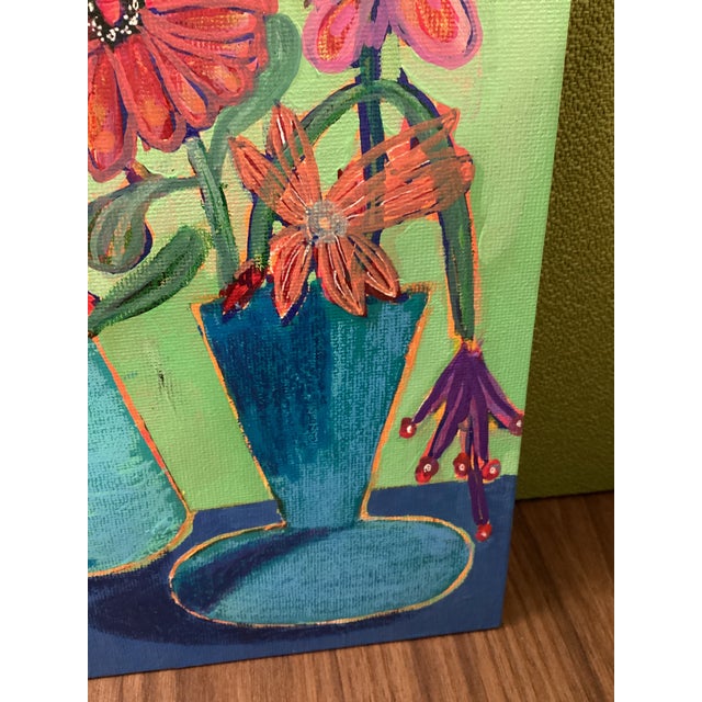 Contemporary Abstract Floral Still Life Painting, Colorful Modern Vase Art, MCM Style, Original 8x8 Teal Blue For Sale - Image 3 of 8