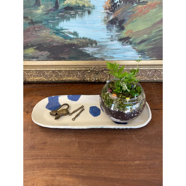 Handmade Studio Pottery Tray With Blue Abstract Glaze and Textured Underside For Sale - Image 4 of 9
