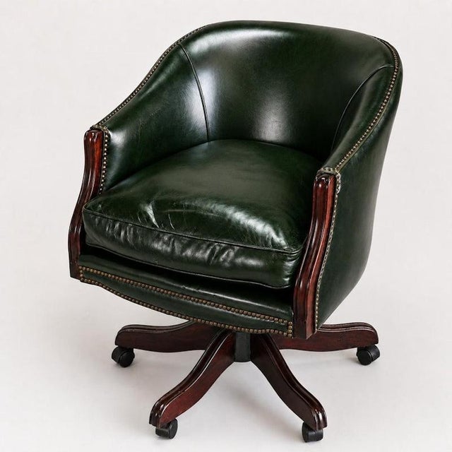Vintage Racing Green Leather Swivel Desk Chair Mahogany-Toned Base and Nail Trim, 1990s For Sale - Image 9 of 10