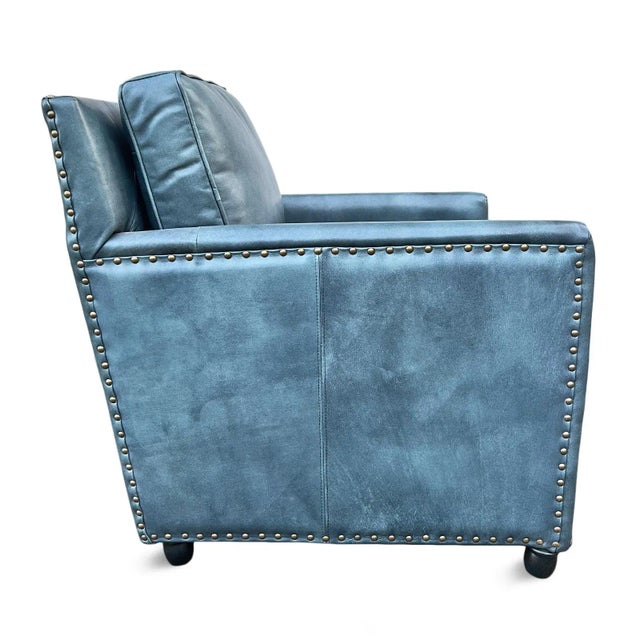 Transitional Blue Leather Rivet Club Chair For Sale - Image 3 of 6