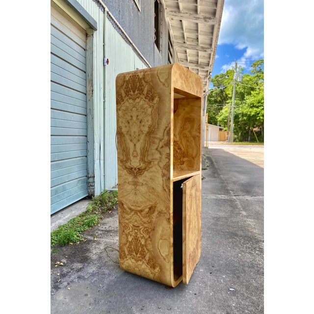 Vintage Burl Laminate Lighted Display Case and Pedestal With Storage For Sale - Image 4 of 12