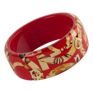 Salvatore Ferragamo Red Acrylic Lucite Bracelet Bangle with Faux-Wood Texture For Sale