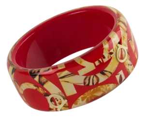 Salvatore Ferragamo Red Acrylic Lucite Bracelet Bangle with Faux-Wood Texture