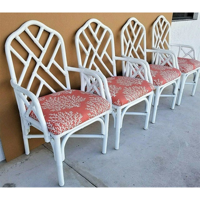McGuire McGuire Chippendale Style Coastal Mid-Century Modern Bamboo Rattan White Dining Armchairs - Set of 4 For Sale - Image 4 of 11