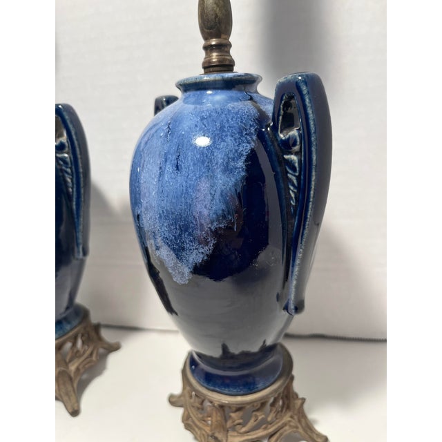Art Deco 1930s Art Deco Cobalt Blue Ceramic Table Lamps Bronze Bases - a Pair For Sale - Image 3 of 7