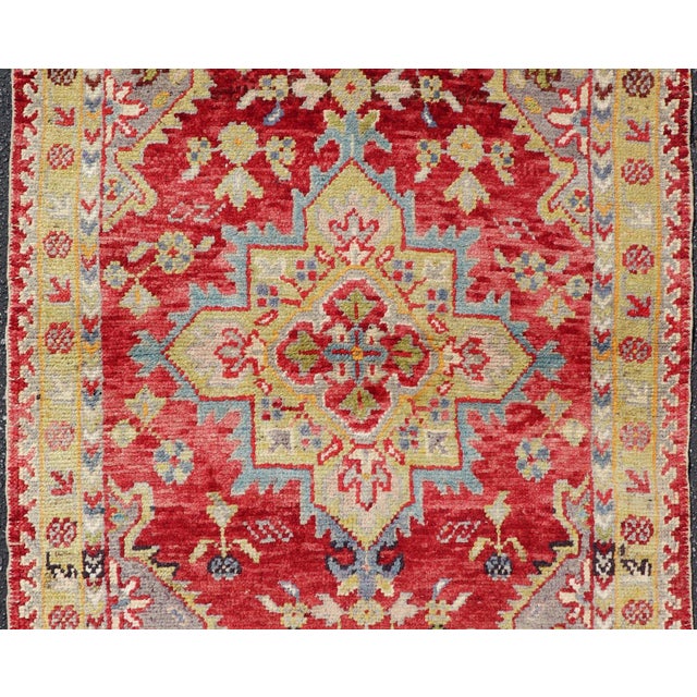 Antique Turkish Oushak Medallion Rug in Red, Lime Green, Gray & Light Blue For Sale - Image 4 of 11