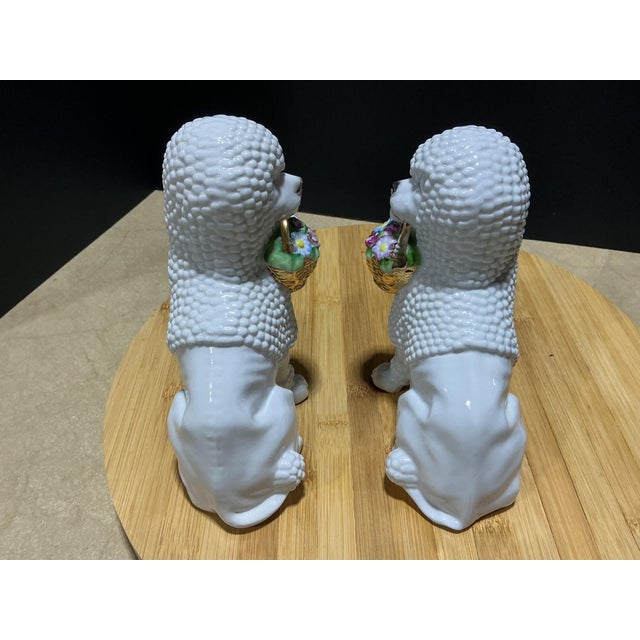 Hollywood Regency Vintage German Porcelain Spaghetti Poodle Figurines With Floral Baskets - A Pair For Sale - Image 3 of 6