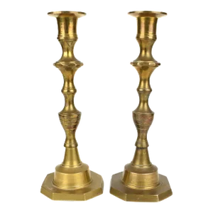 Mid 20th Century Solid Brass English Traditional Candlestick Candle Holders - a Pair