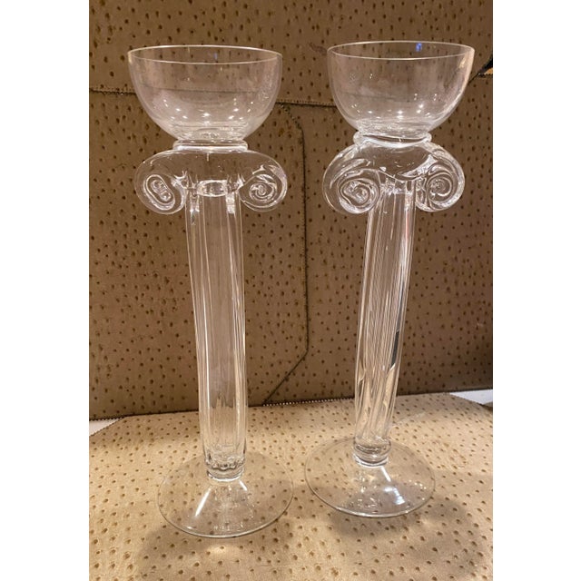 Glass Pair of 1980s Hand Blown Glass Candlesticks, Corinthian Column Style Fluted Glass With Candle Cup Holder on Top For Sale - Image 7 of 9