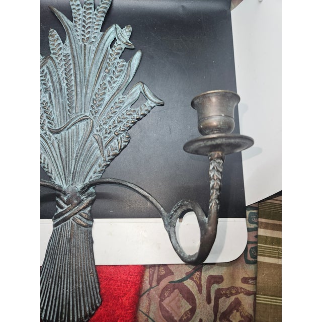1980s Vintage Solid Brass Metal Wheat Candle Holder Wall Sconce Verdigris Patina For Sale - Image 5 of 5