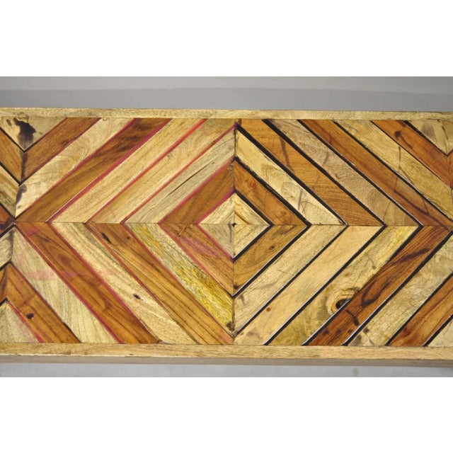 Modern Slatted Wood 48" Geometric Inlay Rustic Farmhouse Coffee Table Bench For Sale - Image 4 of 11