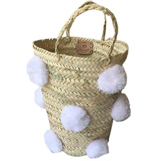Moroccan White Pompom Basket For Sale