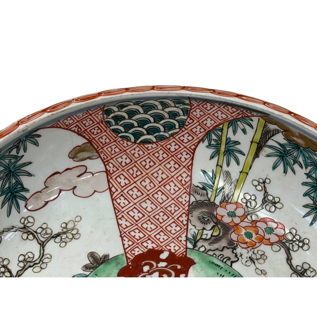 White Vintage Asian Round Polychrome Enamel Scenery Graphic Porcelain Bowl For Sale - Image 8 of 11