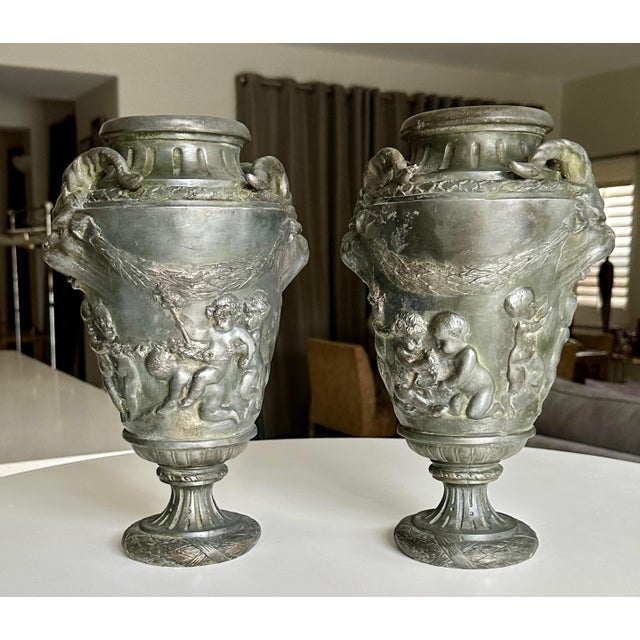 Pair French Metal Urns With Satyr and Putti For Sale - Image 18 of 18