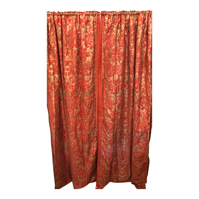 Pair Of Genuine Fortuny Gold Orange Red Curtains Drapes W Silk