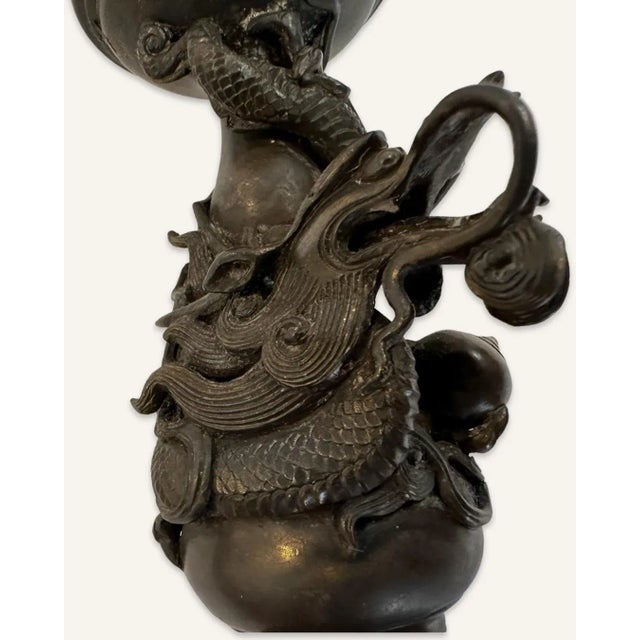 Pair of Late 19th Century Bronze Chinese Pricket Candle Holders Featuring the Imperial Dragon Chasing the Flaming Pearl of Immortality For Sale - Image 6 of 13