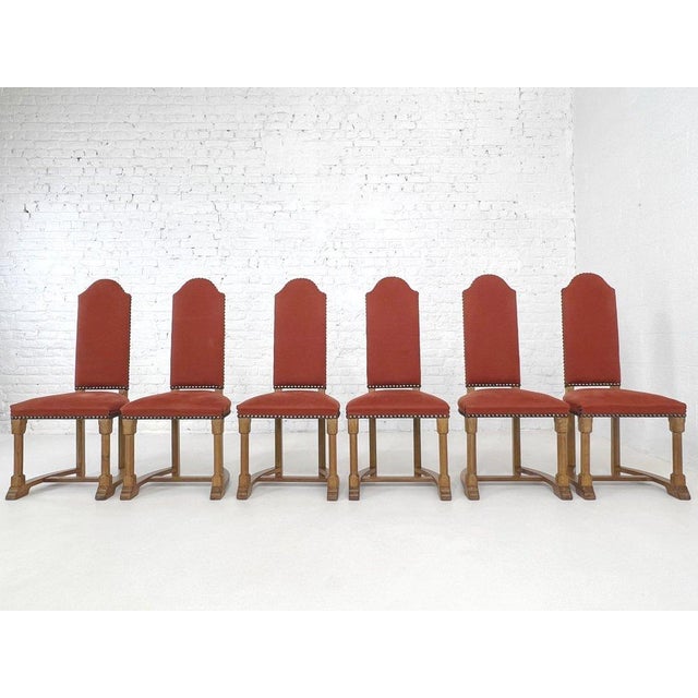 French Antic Louis XIII Style Wooden And Red Fabric Set of 6 Chairs with Their 2 Matching Armchairs composed of a curved...