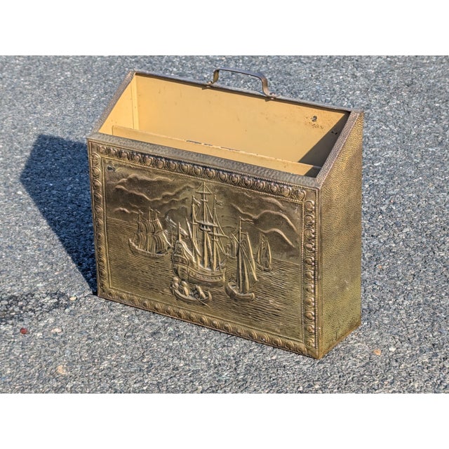 Vintage Sailboat Scene Embossed Brass Magazine Holder/Rack For Sale - Image 10 of 10