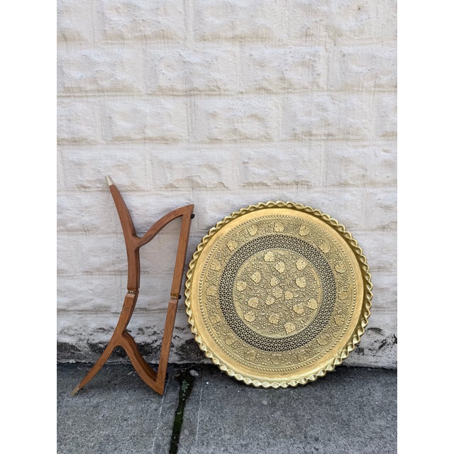 Vintage Mid Century Moroccan Embossed Brass Teak Wood Spider-Leg Coffee Table For Sale - Image 11 of 14