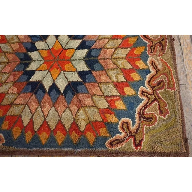 Tan Excellent Multicolored With Unique Symmetrical Desing Forming a Star in the Center Antique American Hooked Rug For Sale - Image 8 of 13