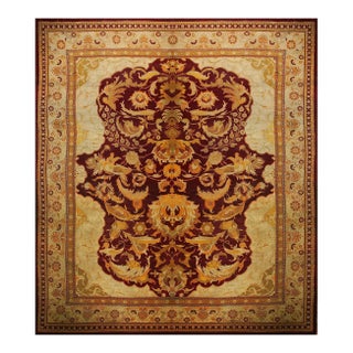 Elegant Maroon Red and Beige Color With Palmettes and Bracketing Leaves Design Antique Amritsar Rug For Sale