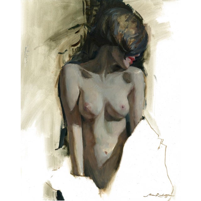 This oil painting presents a figure in a moment of introspection, her head bowed and hair cascading softly over her face....
