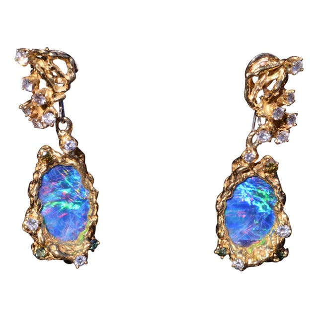 1960s The Stella: Arthur King Ear Pendants Set with Opal and Diamonds and Fancy Colored Diamonds, 2 Pieces For Sale