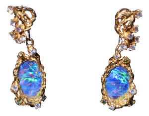 1960s The Stella: Arthur King Ear Pendants Set with Opal and Diamonds and Fancy Colored Diamonds, 2 Pieces
