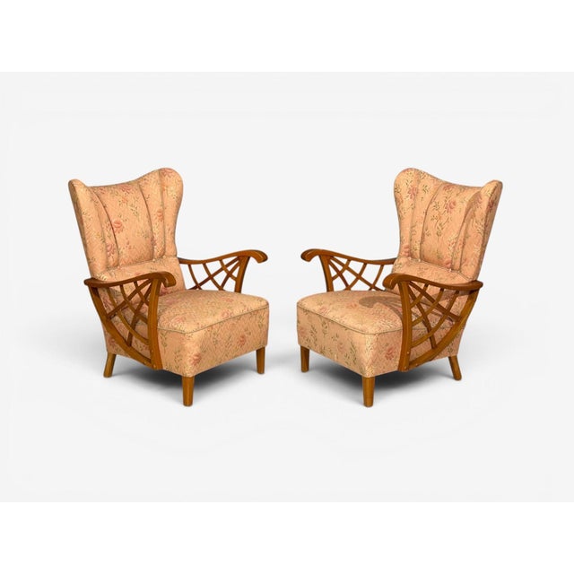 Mid-Century Modern Swedish Modern, Lounge Chairs, Braided Wood, Fabric, Sweden, 1930s For Sale - Image 3 of 12