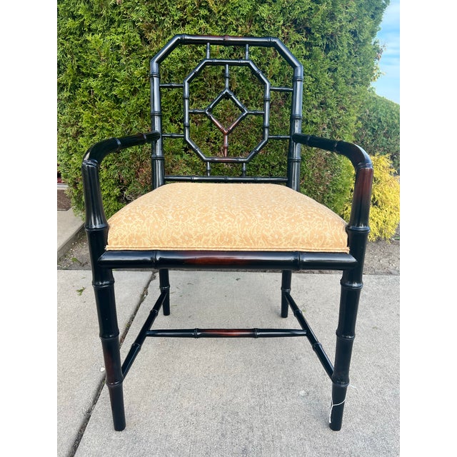 Vintage style faux bamboo side chair. • Style: Chinese Chippendale / faux bamboo geometric openwork back with armrests. •...