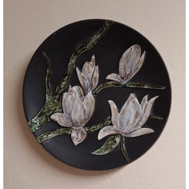 German Wall Plate in Ceramic with Glazed Colored Magnolia Blossoms, 1970s For Sale - Image 4 of 4