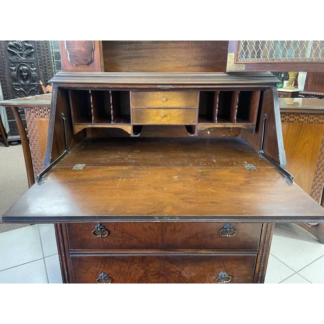 Wood Antique Secretary Desk, Brass Backed Screen Glass Door, Burl Wood Inlay, Two Shelves For Sale - Image 7 of 12