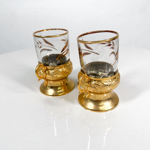 AMBIANIC presents Set of Two Fancy Gold Leaf Glass Demitasse Turkish Tea Mugs Arcoroc France 3.63 h x 3 d x 2.25 w...