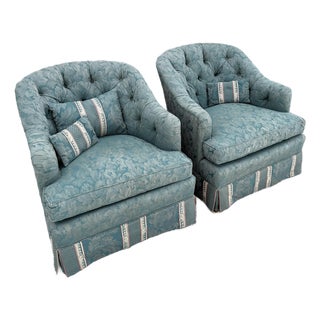 Vintage Mid Century Skirted Green Tufted Lounge Chairs - A Pair For Sale