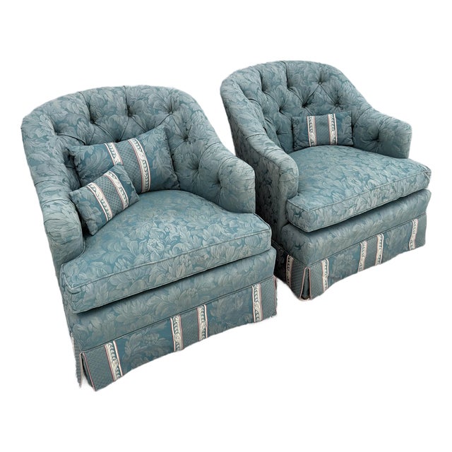 Vintage Mid Century Skirted Green Tufted Lounge Chairs - A Pair For Sale