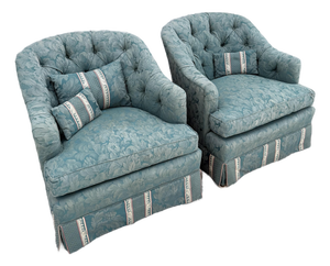 Vintage Mid Century Skirted Green Tufted Lounge Chairs - A Pair