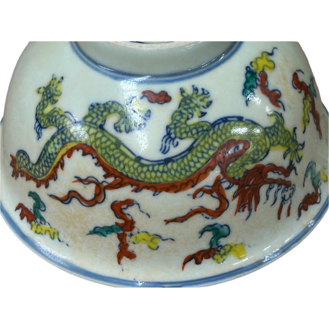 Chinese Off White Color Dragon Graphic Porcelain Bowl Display Art For Sale - Image 12 of 12