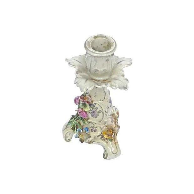 Antique; 1900-1910, German, Dresden, porcelain, floral candleholder with acanthus leaf guard and cup. Scrolled feet and...