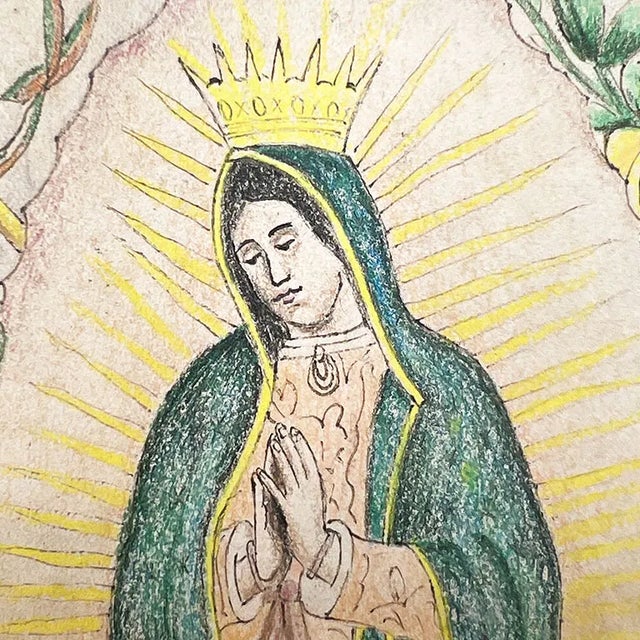 Mid 20th Century Virgin of Guadalupe Hand Colored Spanish Colonial Drawing - Signed Mexico For Sale - Image 5 of 10