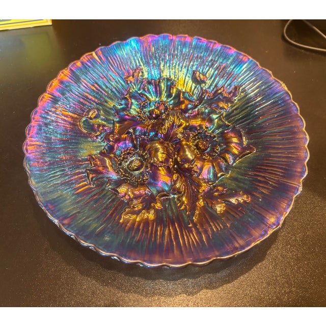Poppy Show Carnival Glass Plate by Northwood in Electric Blue or Amethyst For Sale In Philadelphia - Image 6 of 8