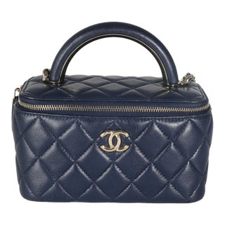 Navy Quilted Lambskin Top Handle Vanity Case With Chain For Sale