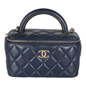Navy Quilted Lambskin Top Handle Vanity Case With Chain