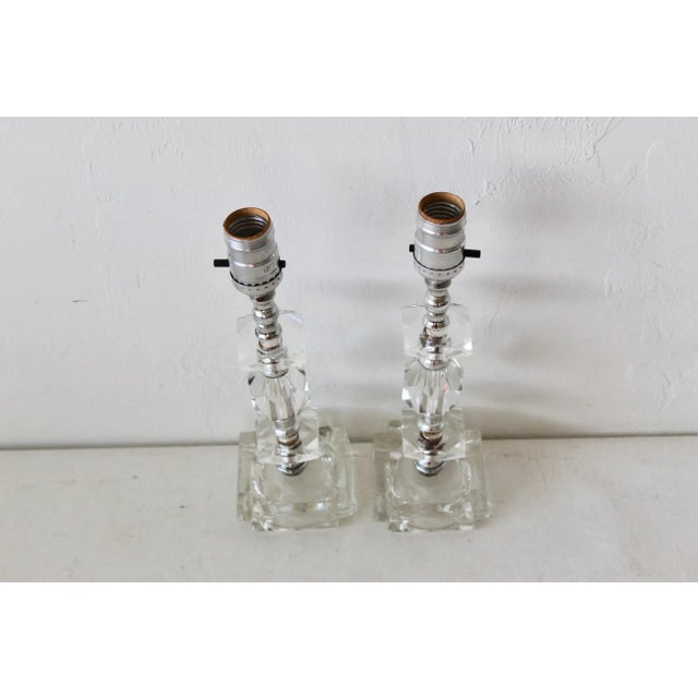 Transparent Vintage Mid Century Chrome Cut Glass Small Scale Table Lamps-A Pair For Sale - Image 8 of 11