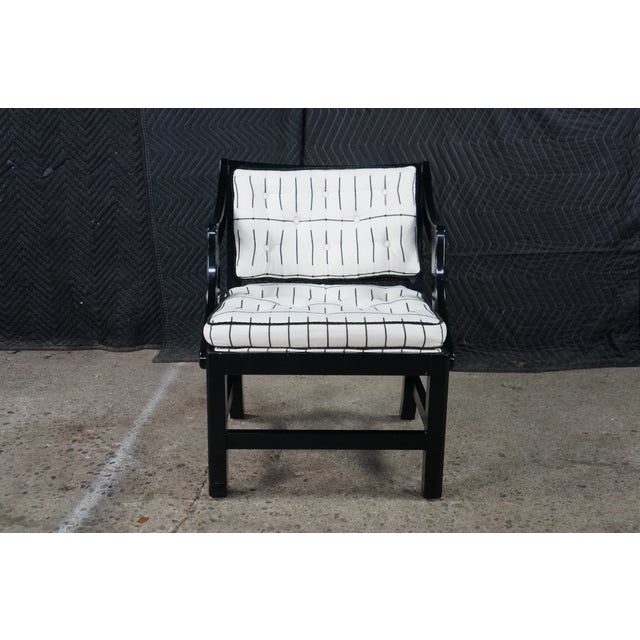 Mid 20th Century Mid Century Diminutive Black Lacquer Tufted & Striped Chinoiserie Arm Chair For Sale - Image 5 of 18