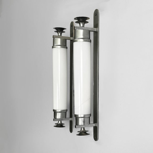 Italian Art Deco Cylindrical Wall Lamps in Opaline Glass and Metal, 1930s, Set of 2 For Sale - Image 4 of 17