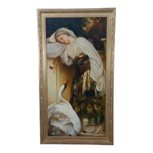 Mid 19th Century Odalisque Contemporary School Oil Painting After Frederick Leighton Woman Swan, Framed