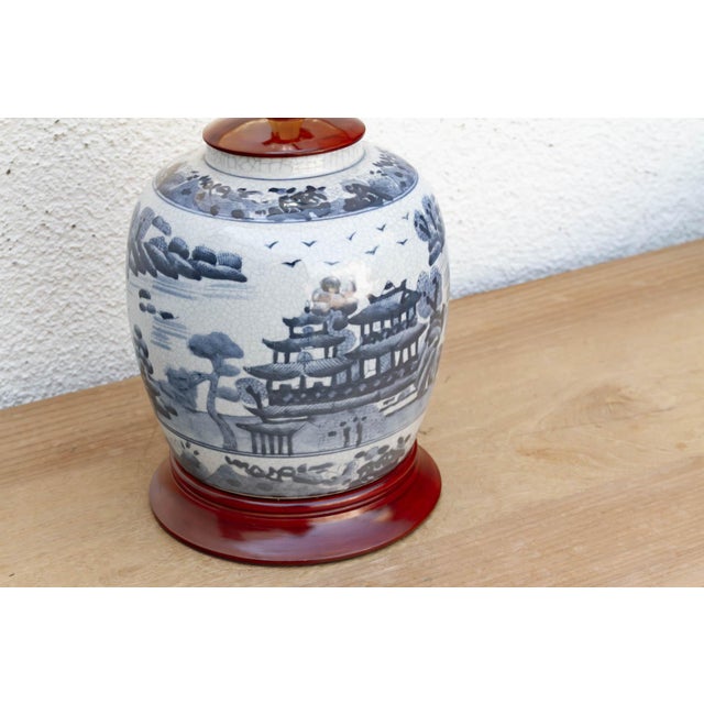 Asian Vintage Willow Pavillion Porcelain Lamp For Sale - Image 3 of 7