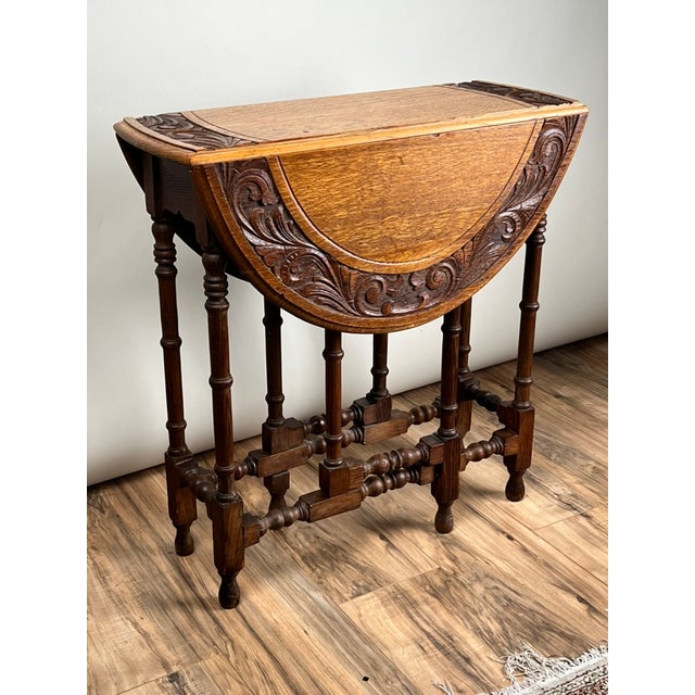 Antique English Oak Carved Gateleg Occasional Table C. Late 19th Century For Sale - Image 4 of 10